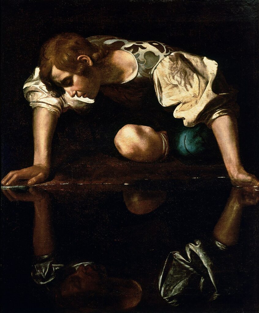 Pintura de Narciso Caravaggio, que representa a Narciso contemplando el agua después de enamorarse de su propio reflejo.